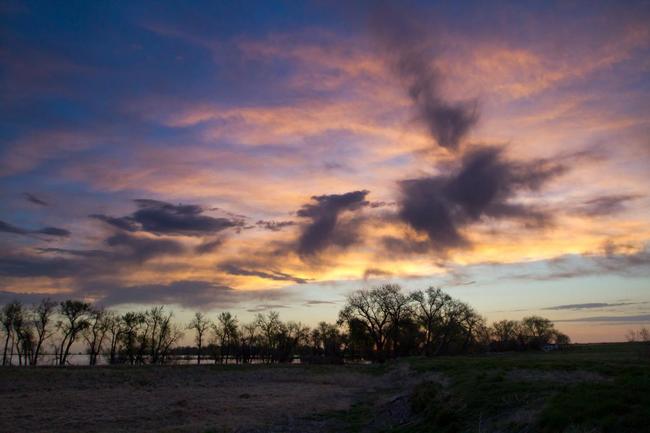 A colorful view of the sunrise at Barr Lake State Park during the walk to the gazebo.